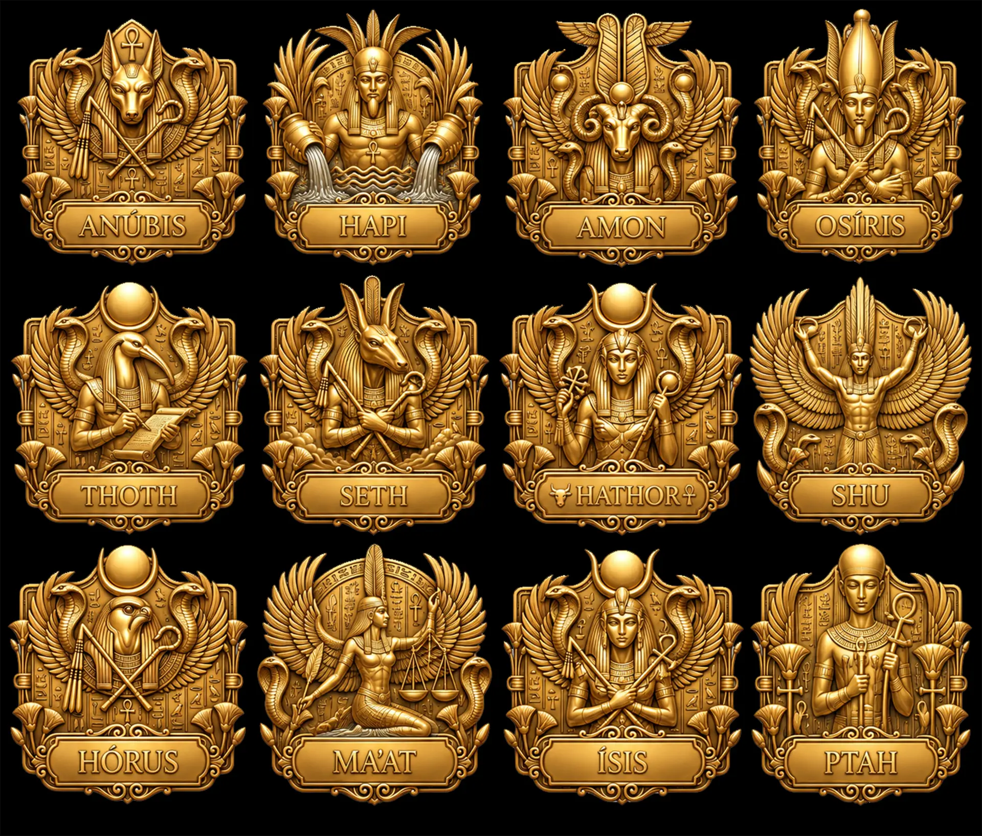 Brasões de ouro dos 12 deuses do Egito